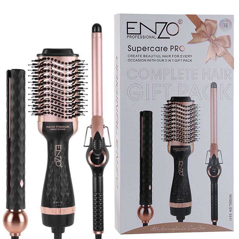 Coffret Coiffure ENZO 3-en-1 — Lisseur + Boucleur + Brosse Soufflante