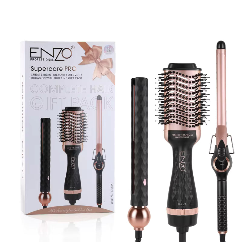 Coffret Coiffure ENZO 3-en-1 — Lisseur + Boucleur + Brosse Soufflante