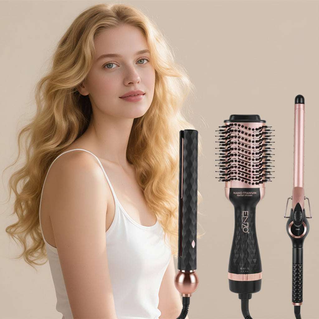 Coffret Coiffure ENZO 3-en-1 — Lisseur + Boucleur + Brosse Soufflante