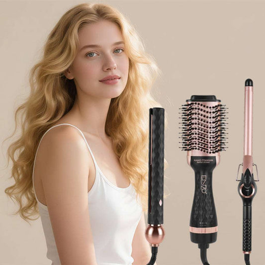 Coffret Coiffure ENZO 3-en-1 — Lisseur + Boucleur + Brosse Soufflante
